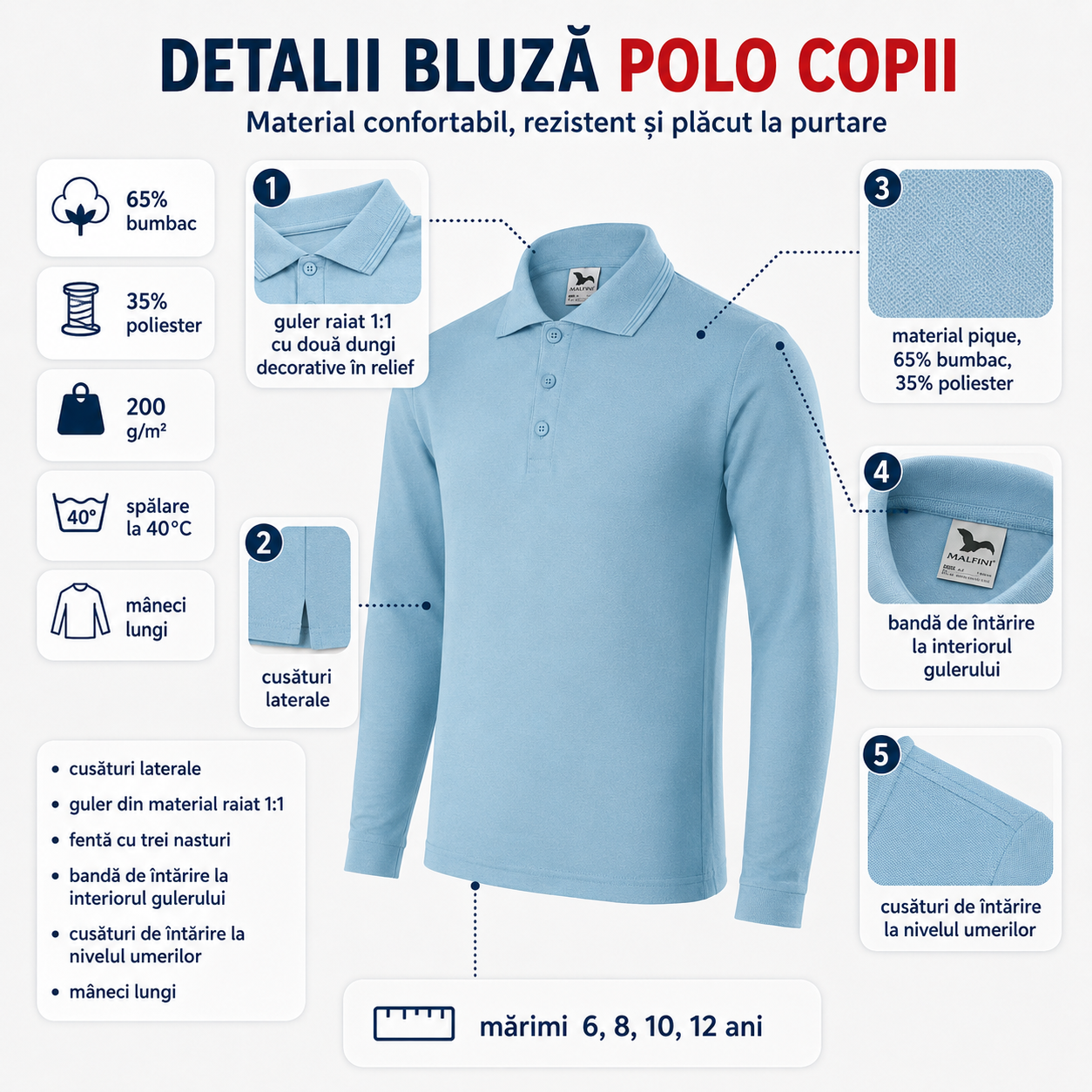Bluză polo copii Malfini pentru școală sport plimbare joacă fete și băieți